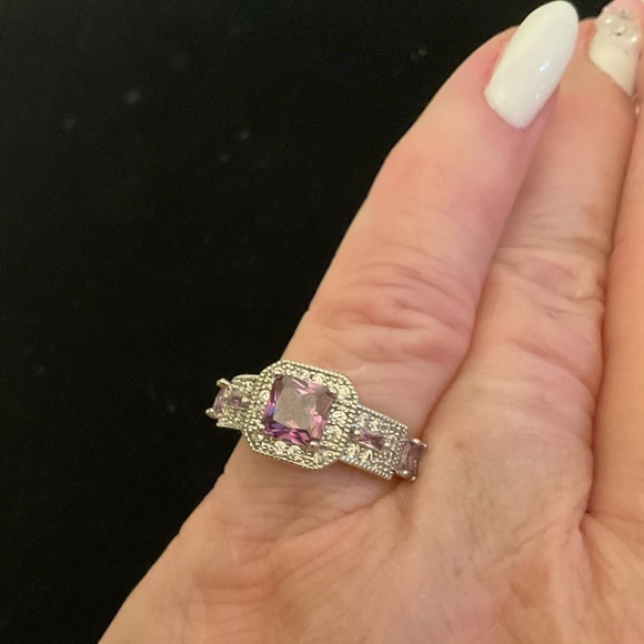 Created Pink Sapphire Princess Halo Ring Size 8 Silvertone Band - Picture 4 of 11